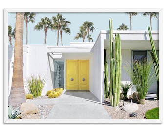 Palm Springs House Art Print. Yellow Door. Mid Century Modern Wall Art Print. Cactus Garden. Pastel Palm Springs California Photo | DTR-61
