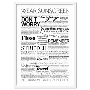 Everybody's Free (to Wear Sunscreen) Lyrics. Typography Wall Art Print. Poster or Canvas. Simple Black & White Design | TYP-104