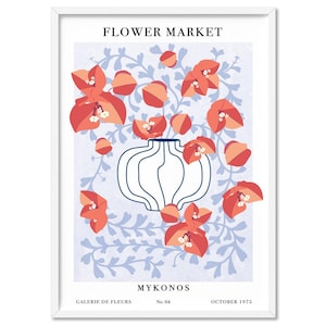 Flower Market Wall Art Poster Mykonos. Buy the Set! Mid Century Style Floral Illustration. Retro Vintage Bougainvillea Poster Print | UST-51