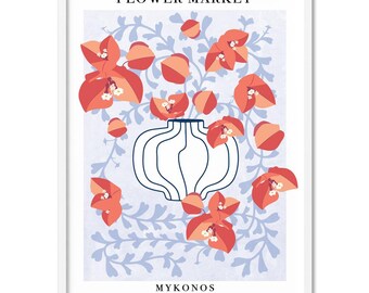 Flower Market Wall Art Poster Mykonos. Buy the Set! Mid Century Style Floral Illustration. Retro Vintage Bougainvillea Poster Print | UST-51