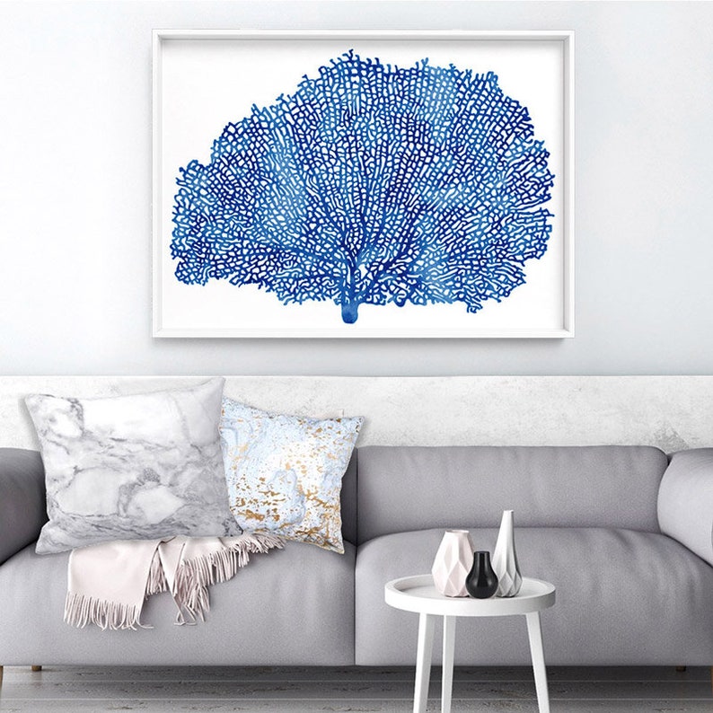 Hamptons Wall Art. Coral Sea Fan in Blue Watercolour. Simple Etsy