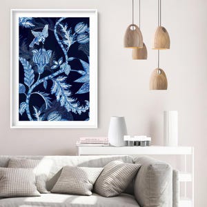 Hamptons Wall Art Print. Classic Blue Paisley with Bird. Hamptons Ginger Jar look Pattern. Coastal Home Decor. Blue Wall Art | CSH-17