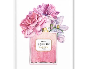 Pink Perfume Bottle Print. Designer Inspired Watercolour Florals. Eau De Parfum Paris. Fashion Decor Wall Art, Framed or Unframed | ALE-40