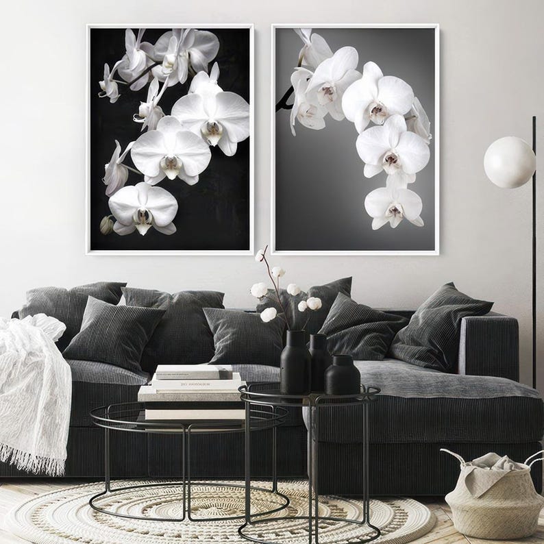 White Orchids on Black Art Print. Black Distressed Background. Botanical Floral Wall Poster. Black White Flower Photo Wall Art | PLT-159 image 3
