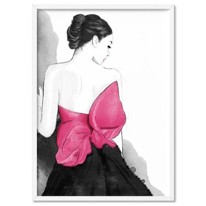 Chic Fashion Illustration Art Print. Watercolour Woman Figurative Sketch. Pink Bow Dress from Behind. Black & Pink Feminine Poster | HPS-60