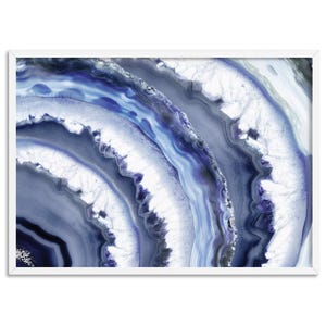 May include: Abstract art print featuring a close-up of a blue and white agate stone. The agate has a swirling pattern of blue, white, and grey.
