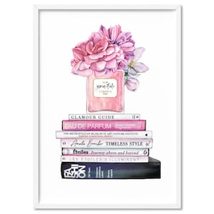 May include: A watercolor illustration of a pink perfume bottle with a stack of books underneath. The perfume bottle has the text "jasmine tale" and "PARFUM" on it. The books have titles like "Glamour Guide", "Eau de Parfum", "Timeless Style", and "Les Etoiles S'Illuminent".