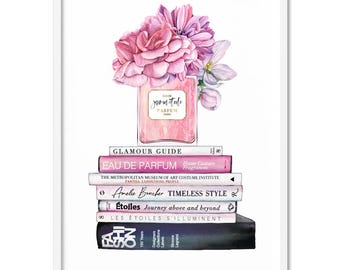 Fashion Perfume Bottle on Books. Designer Book Stack. Watercolour Peonies Fashion Art Print. Ready to Hang or Poster. Print Proper | ALE-31