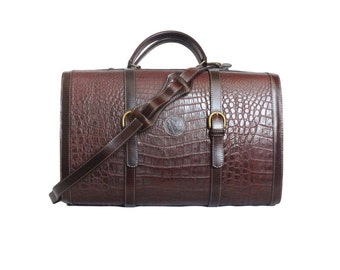 Designer Handmade Leather Bag Premium Brown travel Bag, coffin bag, hard leather, travel bag, Crocodile imitation