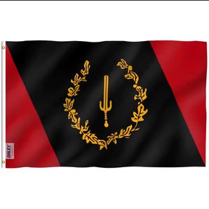 May include: A black flag with a red diagonal stripe on each side. The center features a gold sword within a gold laurel wreath. The flag is made of a lightweight material and has grommets for hanging.