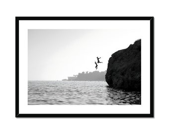 Black and White Ocean Jump Photography Print - Framed Coastal Wall Art