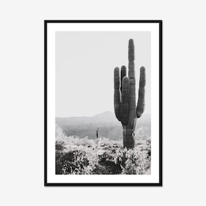 Black And White Desert Cactus Framed Print - Fine Art Printing, , Large Framed Art, Natural Wood Frame