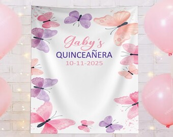 Quinceanera Party Backdrop, Butterfly Pink and Purple Quinceanera Party Decoration, Personalized Girls Backdrop
