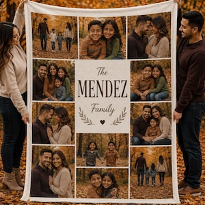 May include: A white fleece blanket featuring a photo collage of a family in an autumn forest. The center panel displays the text The MENDEZ Family with decorative leaf illustrations and a heart. The photos show various family members together.