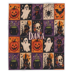 Personalized Halloween Patchwork Blanket, Custom Name, Spooky Throw