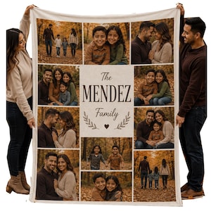 May include: A rectangular throw blanket featuring a collage of family photographs set against an off-white background. The center panel displays the text The MENDEZ Family with decorative leaf accents and a small heart icon below the name.