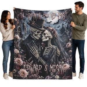Custom Personalized Creepy Skeleton Couple Funeral Floral Halloween Blanket | Til Death Do Us Part | Spooky Throw Gift |  Spooky  Fall Decor