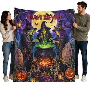 May include: A rectangular throw blanket featuring a vibrant Halloween scene with three witches stirring a glowing green cauldron. The text reads Milna's Brewery, Rest in Spells, Witches Be Brewin, Bat Wings, Frog Toes, and Potions & Curses.
