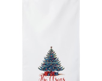 Personalized Christmas Tree Kitchen Towel, Custom Family Name, Hostess Gift