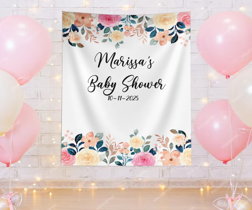 Personalized Baby Shower Backdrop, Spring Flowers Custom Backdrop, Baby Shower Decor