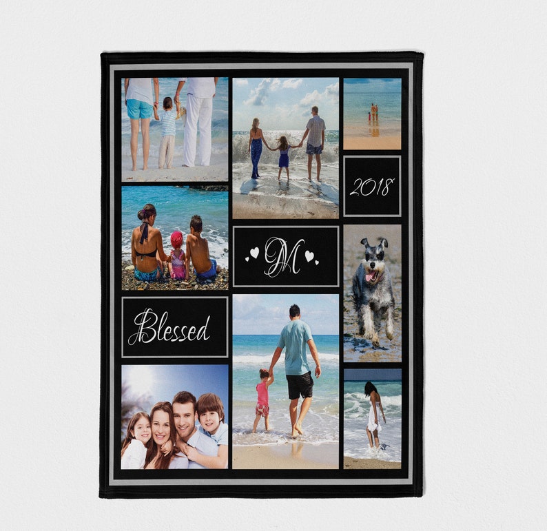 Personalized Blessed Photo Colloage Family Blanket, Photo Blanket With Initial, Photo Blanket Personalized image 1