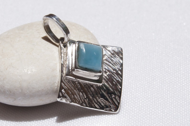 Original And Genuine Dominican Handcrafted AA Marbled Square Shape Larimar Stone .925 Larimar Pendant Sterling Silver Pendant Jewelry