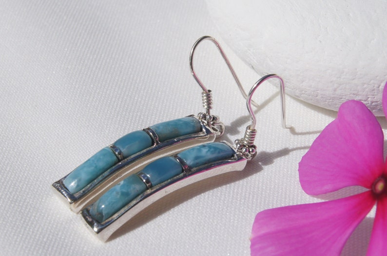 925 Silver Larimar Earrings Original And Genuine Dominican AA Marbled Rectangular Shape Larimar Stones Frenck Hooks Earrings Jewelry