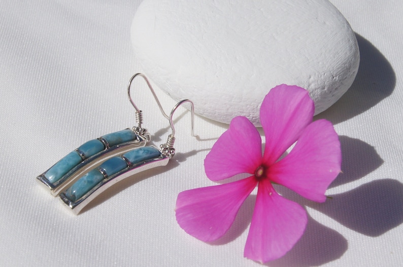 925 Silver Larimar Earrings Original And Genuine Dominican AA Marbled Rectangular Shape Larimar Stones Frenck Hooks Earrings Jewelry