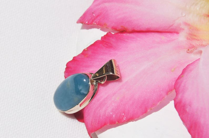 Larimar Pendant Original And Genuine Dominican AAA Handcrafted Marbled Oval Shape Larimar Stone 14K Yellow Gold Pendant Jewelry