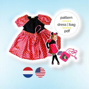 Naaipatroon Minnie Mouse jurkje 1-12 jr; haakpatroon Minnie Mouse tasje, Minnie Mouse jurk naaien, Minnie Mouse tasje, naaipatroon jurk afbeelding 1