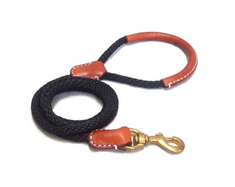 Rope Dog Leash, Solid Cord Rope leash 8mm with leather wrappping on hand grip, Strong (Made To Order)