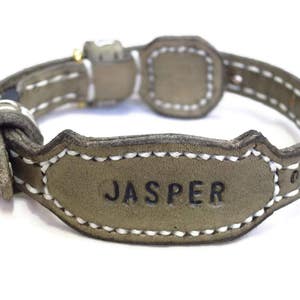 May include: A brown leather dog collar with white stitching and the name "JASPER" embossed on a tag.