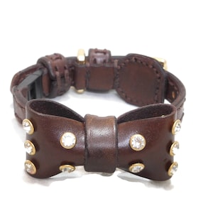Dark Brown leather bow-tie breakaway Cat Collar - Synthetic daimond bow-tie collar