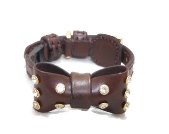 Dark Brown leather bow-tie breakaway Cat Collar - Synthetic daimond bow-tie collar