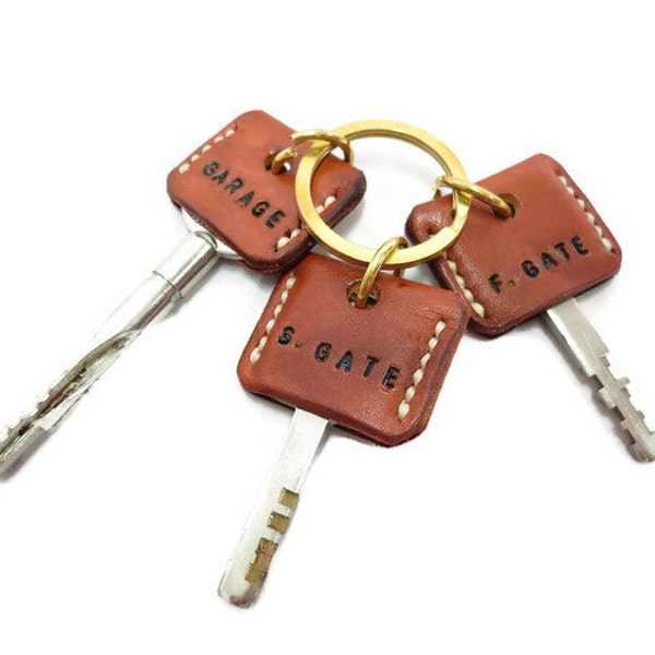 Leather key cover, key topper with Solid brass  key ring / Vegetable tanned leather key cover- Key holder - Keyring - Key cover