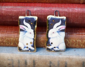 Handmade decal earring charms - rabbit/hare illustration with a 24kt gold lustre edge