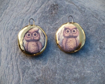 Handmade ceramic charms: Owl illustration and a 24kt gold lustre edge