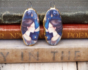 Handmade decal earring charms - Celestial beauty, Pagan goddess with moon illustration and a 24kt gold lustre edge