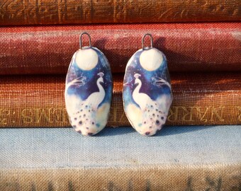 Handmade ceramic white peacock illustration charms