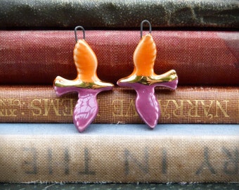 Handmade ceramic bird earring charms with 24kt gold lustre