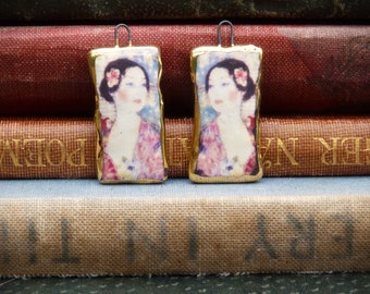 Handmade Ceramic charms - Gustav Klimt inspired charms with a 24kt gold edge