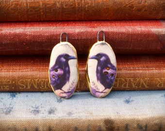 Handmade ceramic charms: Raven illustration with a 24kt gold lustre edge