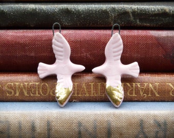 Handmade ceramic pink bird earring charms with 24kt gold lustre