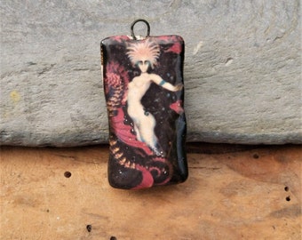 Handmade ceramic pendant: Mermaid riding seahorse, Russian Art