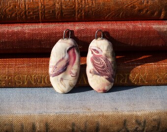 Handmade ceramic chaffinch and sparrow illustration charms