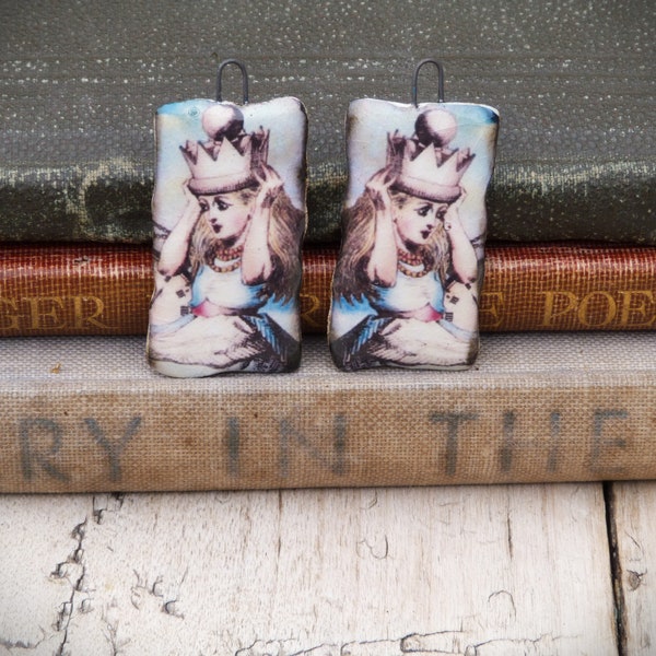 Handmade Alice in wonderland ceramic charms with John Tenniel illustration: Alice with Pocket wearing crown