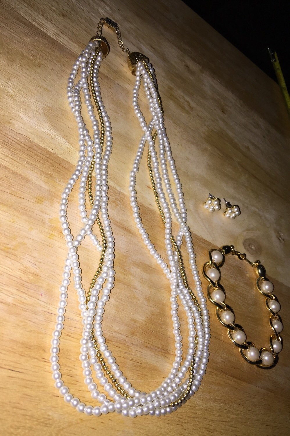 Pearl Faux Jewelry Set Gold Tone Necklace, Bracelet and Pierced