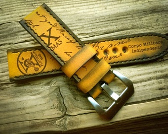 24mm Handmade leather watch strap army, Xª Flottiglia MAS tribut, Yellow