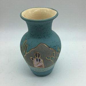 bordure en or vintage Ceramica Gardiel Linea 24 carats, vase en poterie turquoise, vase en poterie mexicaine,