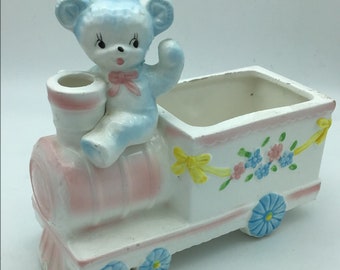 VTG. Bear riding train planter,Baby planter,1961 Kitsch Made in Japan